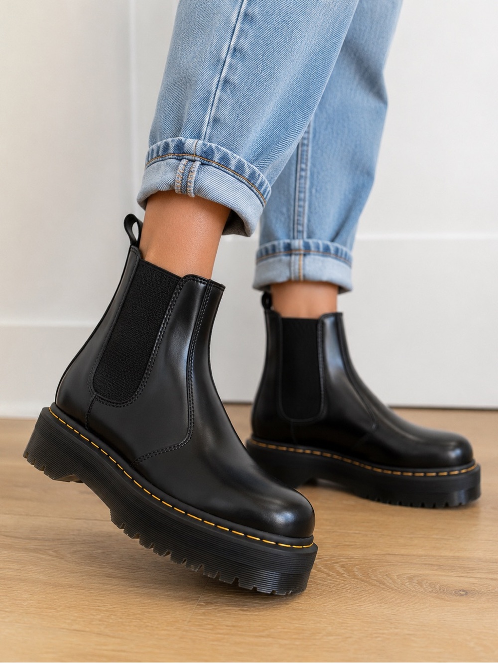 Dr. Martens Black Leather Platform Chelsea Boots with Yellow Stitching
